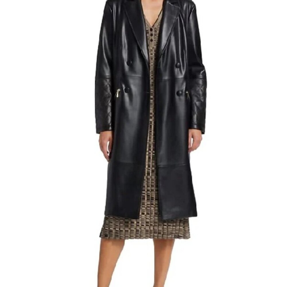 Elie Tahari Black Vegan Leather The Dina Trench Coat NWT
